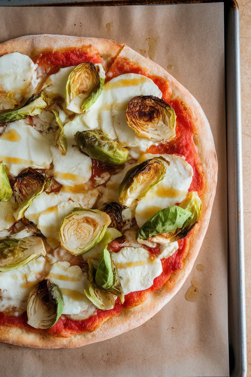 An indoor pizza tray featuring a thin-crust pie topped with roasted Brussels sprout leaves, mozzarella, and a drizzle of hot honey. No logos or text. Photo.