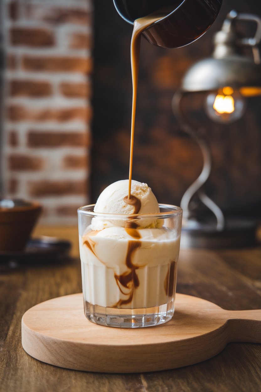 Indoor photo of vanilla ice cream in a rocks glass with hot chicory coffee just poured over, slight swirl forming. No logos or text visible.