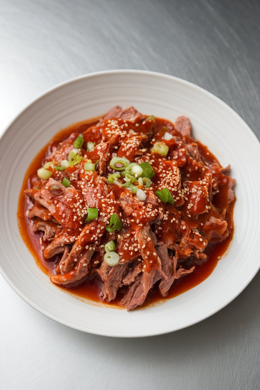 Indoor setting with shredded beef in bright red gochujang sauce, sprinkled with sesame seeds and scallions. No text or logos.
