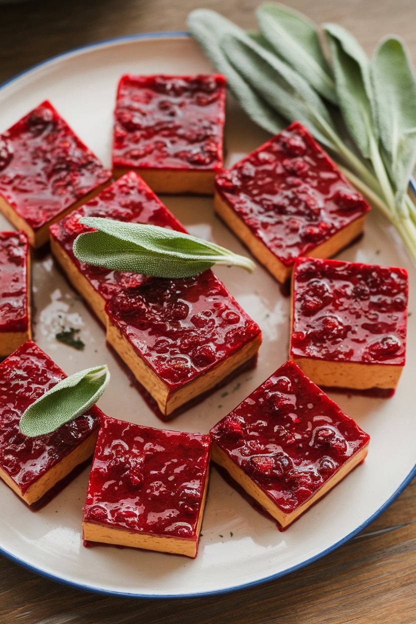 Photo prompt: Indoor plate featuring tofu squares coated in ruby cranberry-sage glaze, fresh sage leaves scattered. No text or logos.