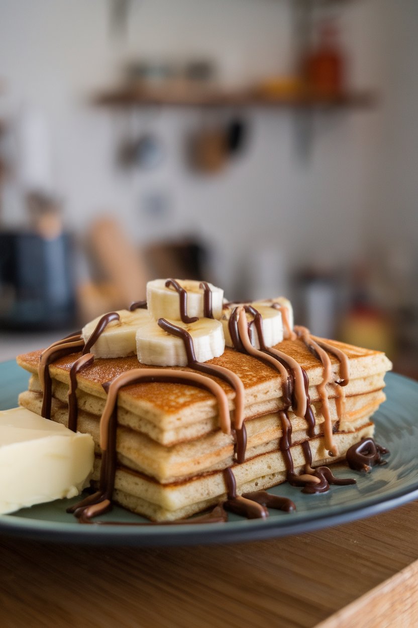 Pancake square featuring banana slices, melted chocolate, and peanut butter drizzle on an indoor plate, no text or logos.
