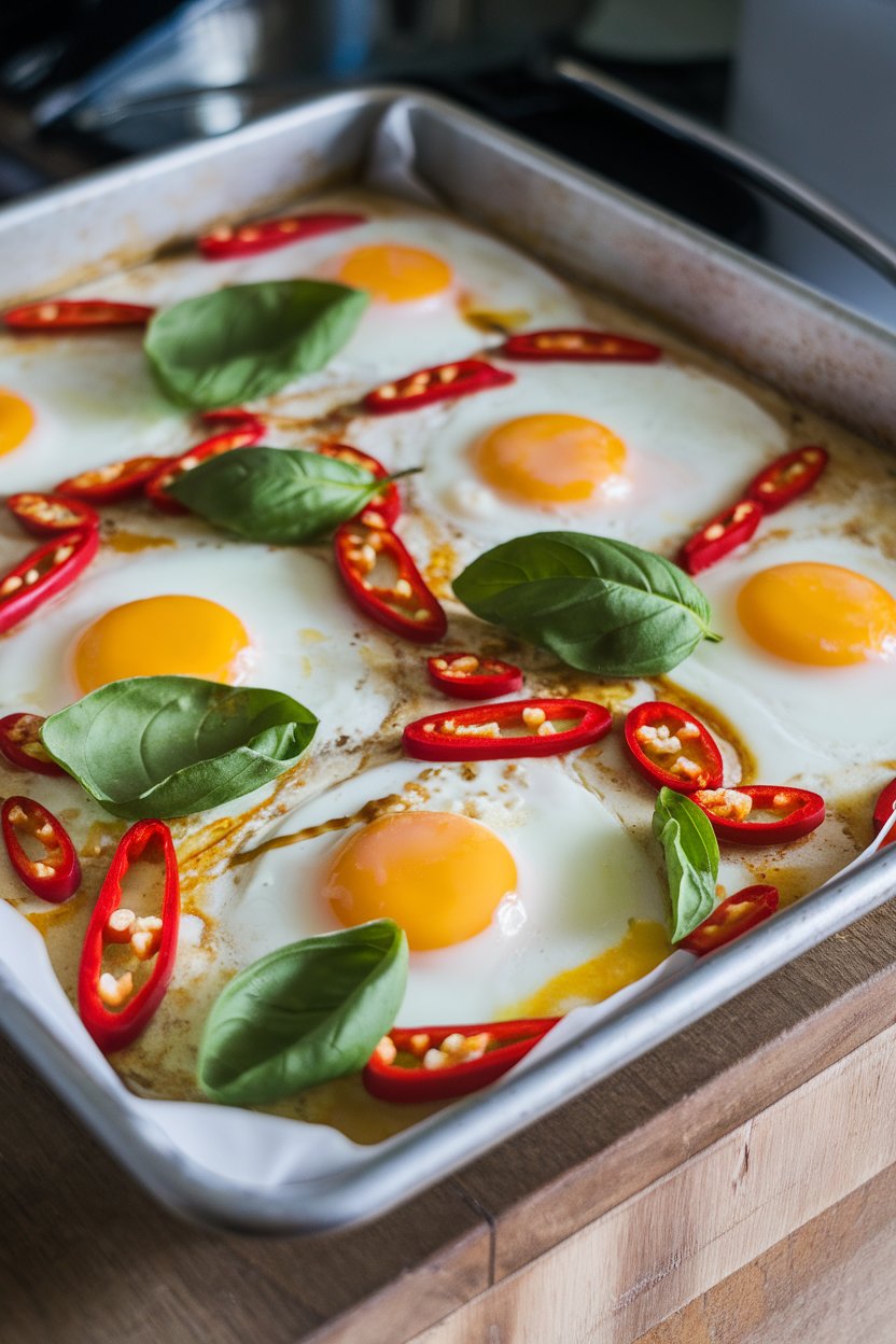 An indoor shot of a sheet pan featuring baked eggs with red chili slices, Thai basil leaves, and a soy-lime glaze lightly brushed on top. No text or logos.