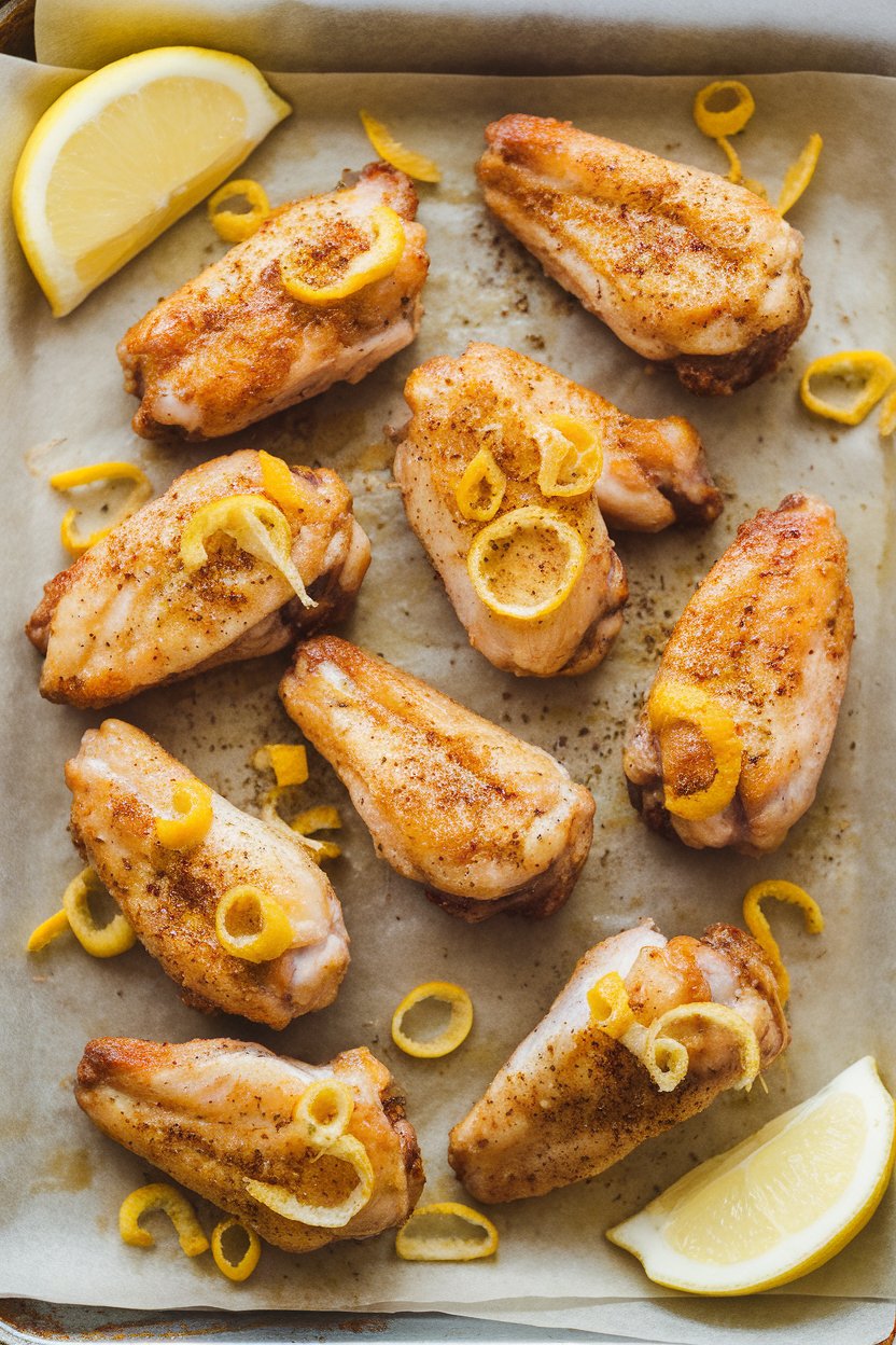 Indoor photo of lemon pepper–seasoned chicken wings on a parchment-lined tray with lemon wedges; no text or logos.
