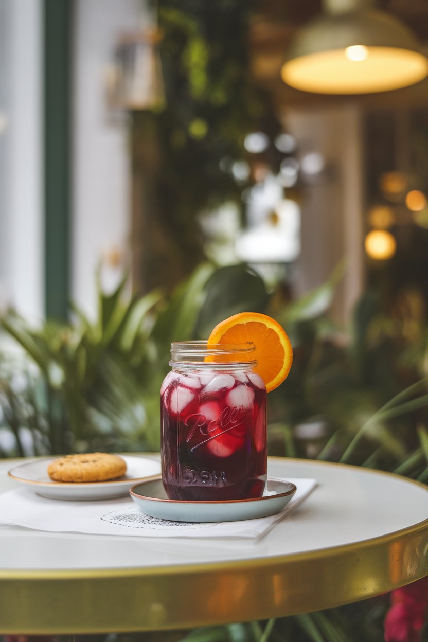 Indoor cafe table with a mason jar of deep red hibiscus tea over ice, orange slice on rim, no logos or text.