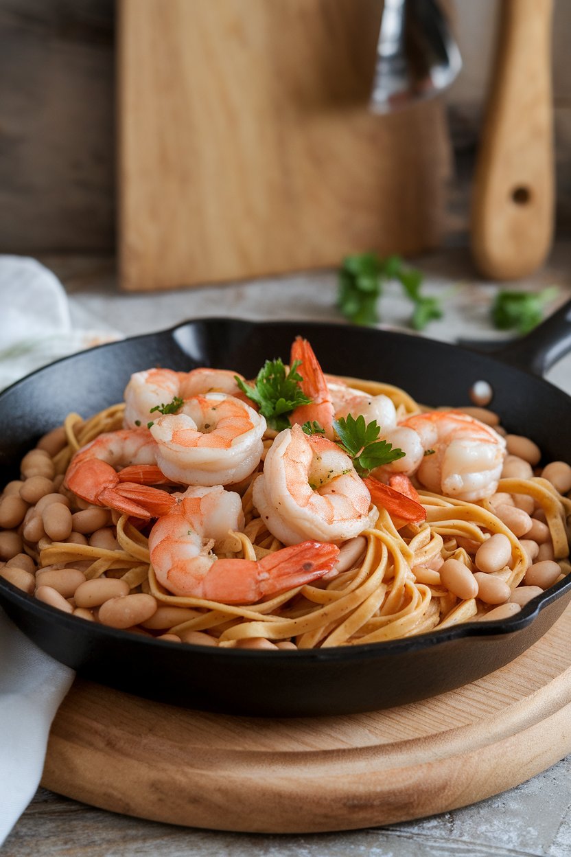 Indoor photo of skillet shrimp and cannellini beans in a light garlic-lemon sauce over whole-wheat linguine. No text or logos.