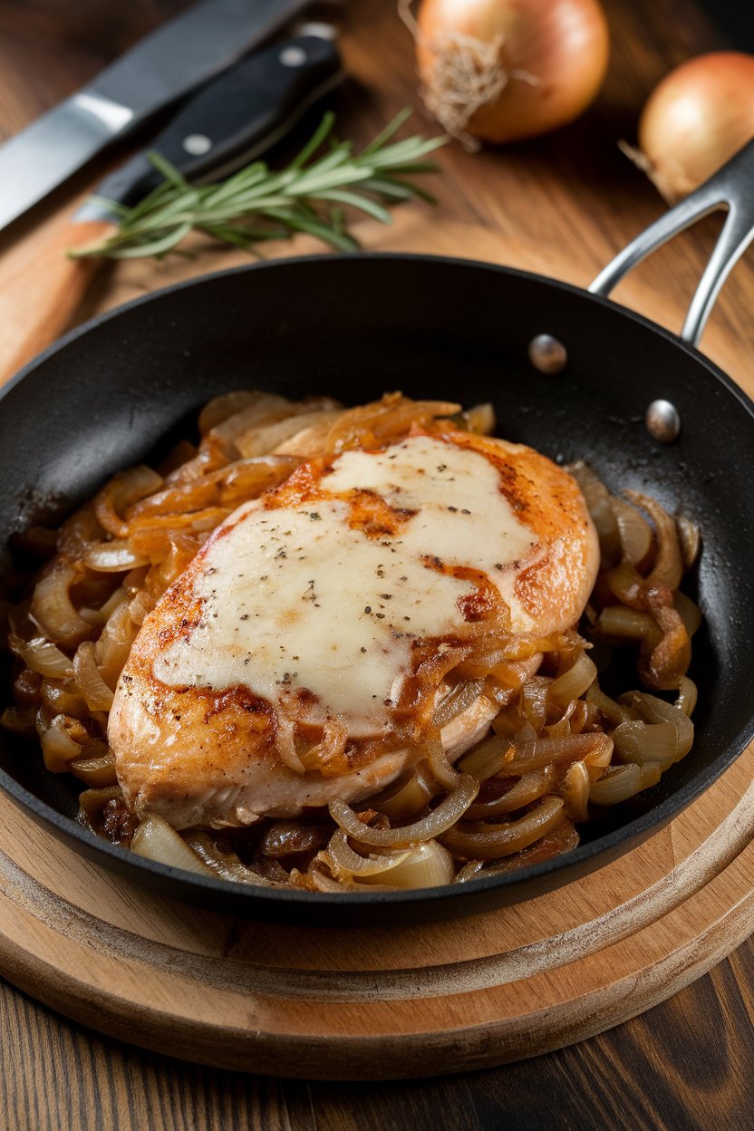 Indoor skillet scene showing chicken breasts smothered in caramelized onions and melted light Swiss cheese; no text or logos; photo.</Prompt