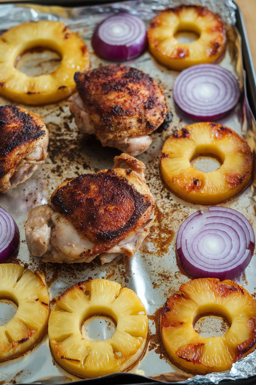 Indoor photo of jerk-spiced chicken thighs, caramelized pineapple rings, and red onion slices on a sheet pan; no text or logos