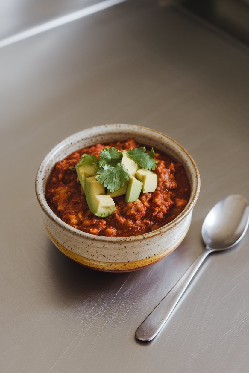 An indoor kitchen counter with a ceramic bowl of turkey chili topped with diced avocado and cilantro; no text or logos. Photo only.