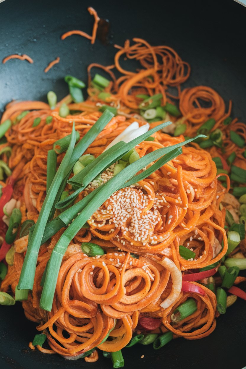 Indoor photo of spiralized sweet potato noodles tossed with colorful veggies and a light peanut sauce in a wok. No text or logos.