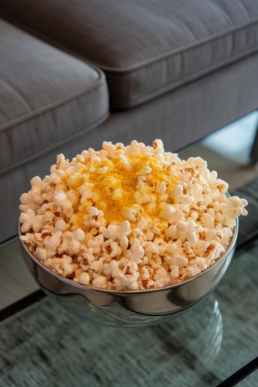 An indoor couch-side coffee table holding a large bowl of fluffy popcorn sprinkled with yellow nutritional yeast; no visible branding.