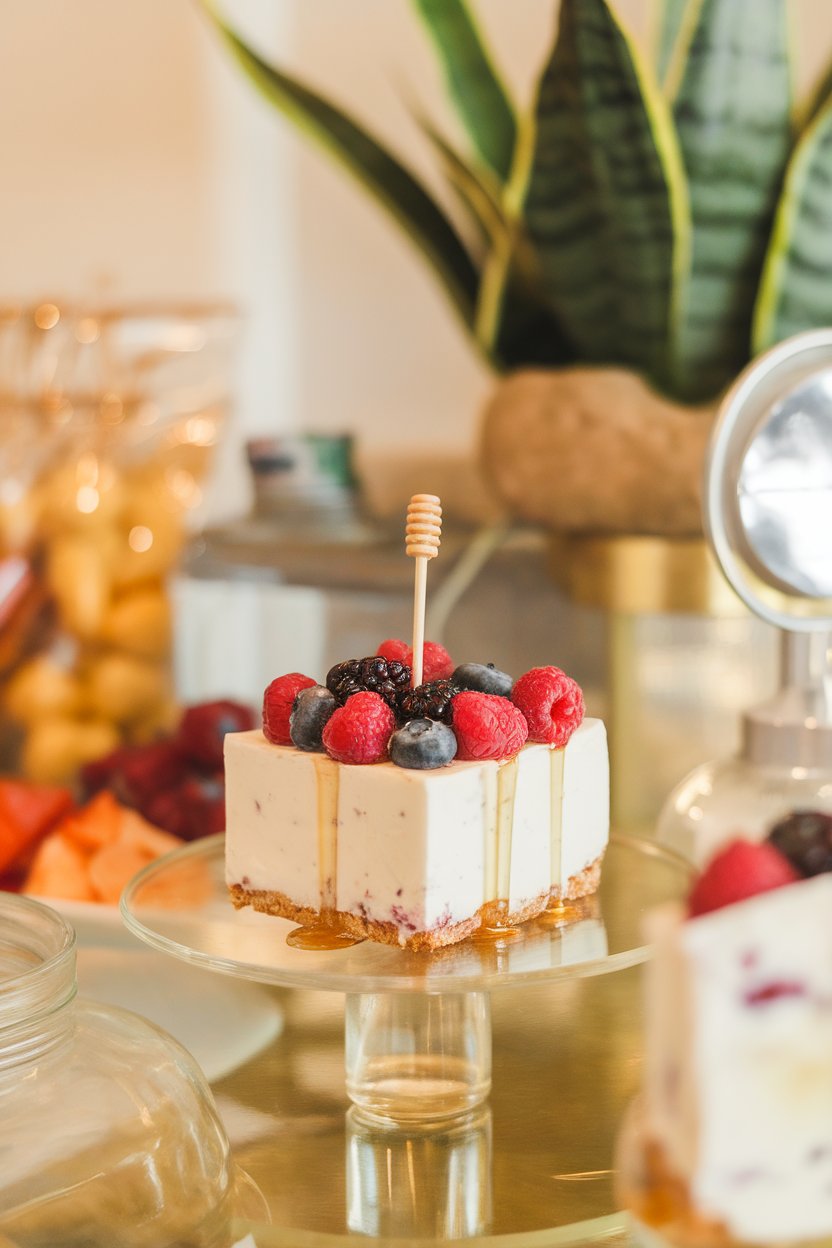 An indoor healthy snack bar with a square Greek yogurt cake topped with mixed berries and a drizzle of honey, small yard-marker toothpick—no text or logos.