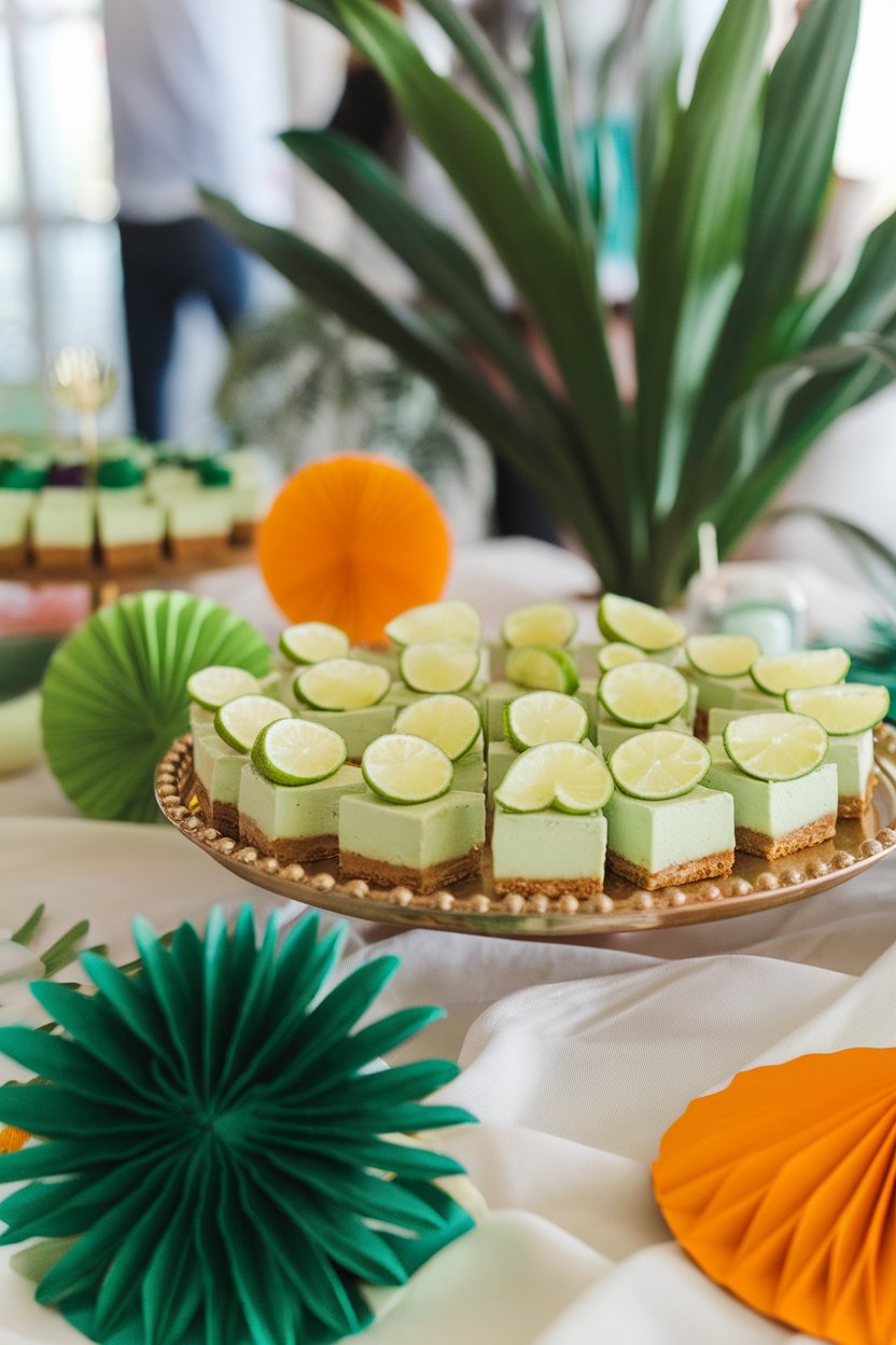 An indoor party tray lined with mini green-tinted cheesecake squares topped with tiny lime wedges. Photo only, no text or logos.