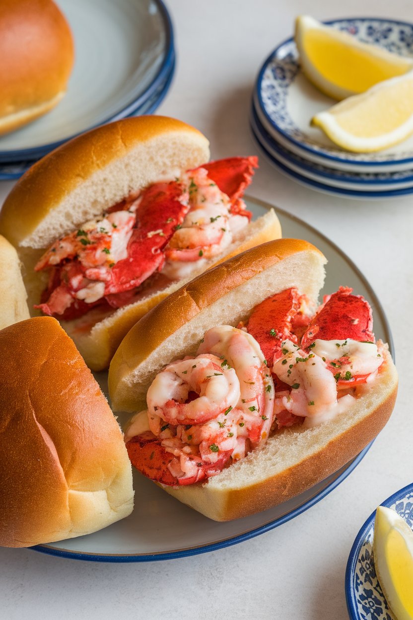 Indoor photo of split-top buns stuffed with seasoned cooked lobster meat, light mayo glaze; no text or logos.
