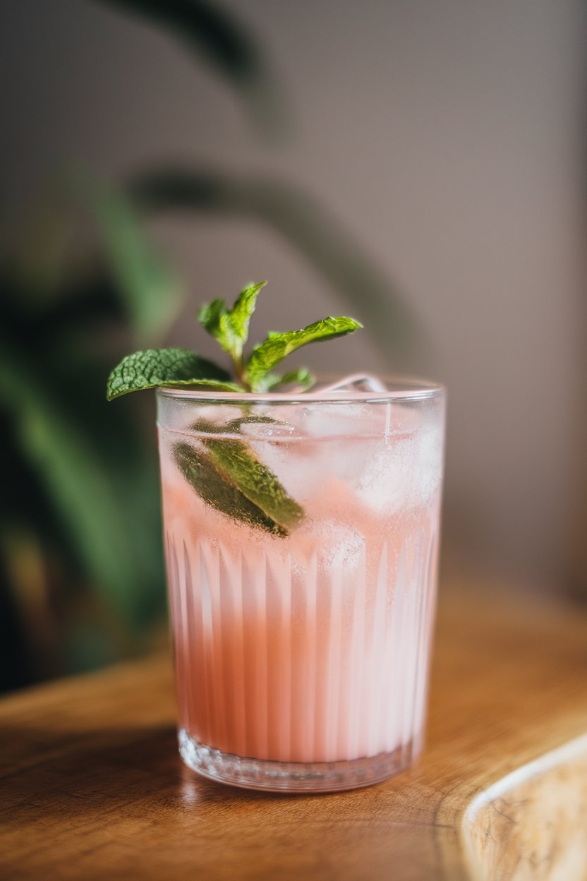 Photo of a clear tumbler indoors, filled with pastel pink juice, ice cubes, and a sprig of mint; no text or logos anywhere.