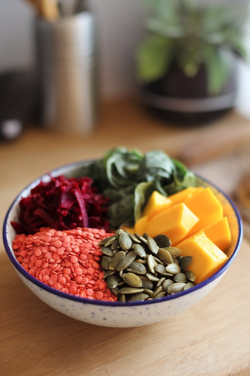 Indoor photo of a bowl divided into sections of red lentils, shredded beets, spinach, mango, and pumpkin seeds. No text or logos.