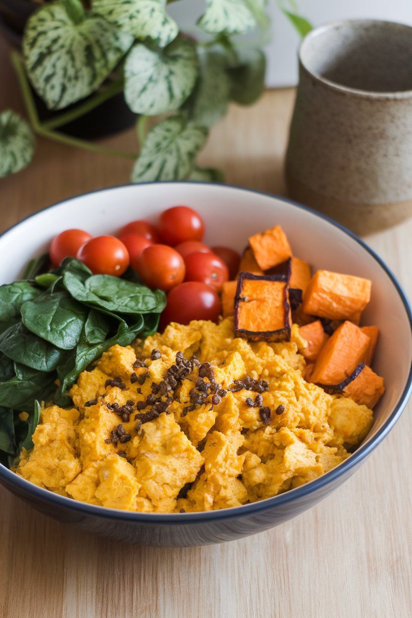 Indoor breakfast bowl filled with turmeric-spiced tofu scramble, sautéed spinach, cherry tomatoes, and roasted sweet potato cubes. No logos or text anywhere.