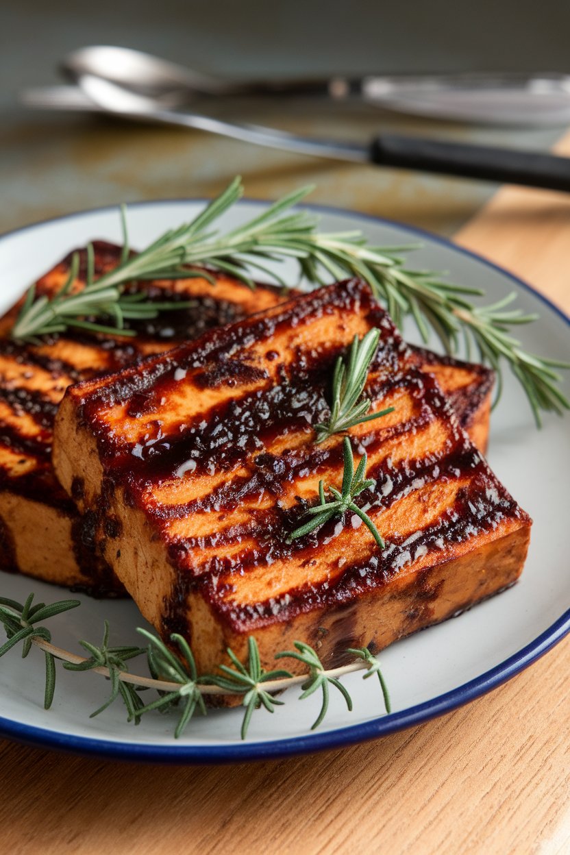 Photo prompt: Indoor plate featuring tofu steaks with dark balsamic glaze and rosemary-thyme sprigs. No text or logos.