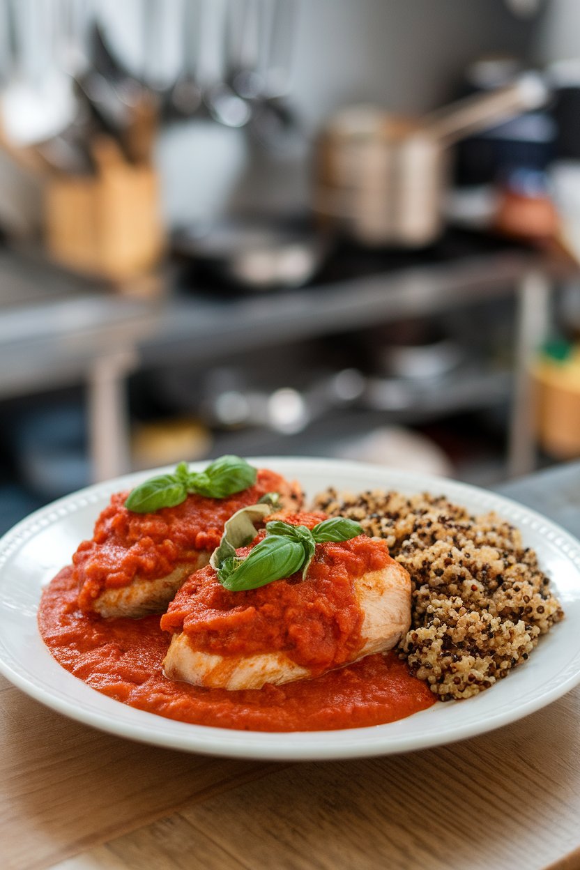 Indoor table view of chicken breasts in tomato sauce topped with fresh basil ribbons, served with quinoa. No text or logos.
