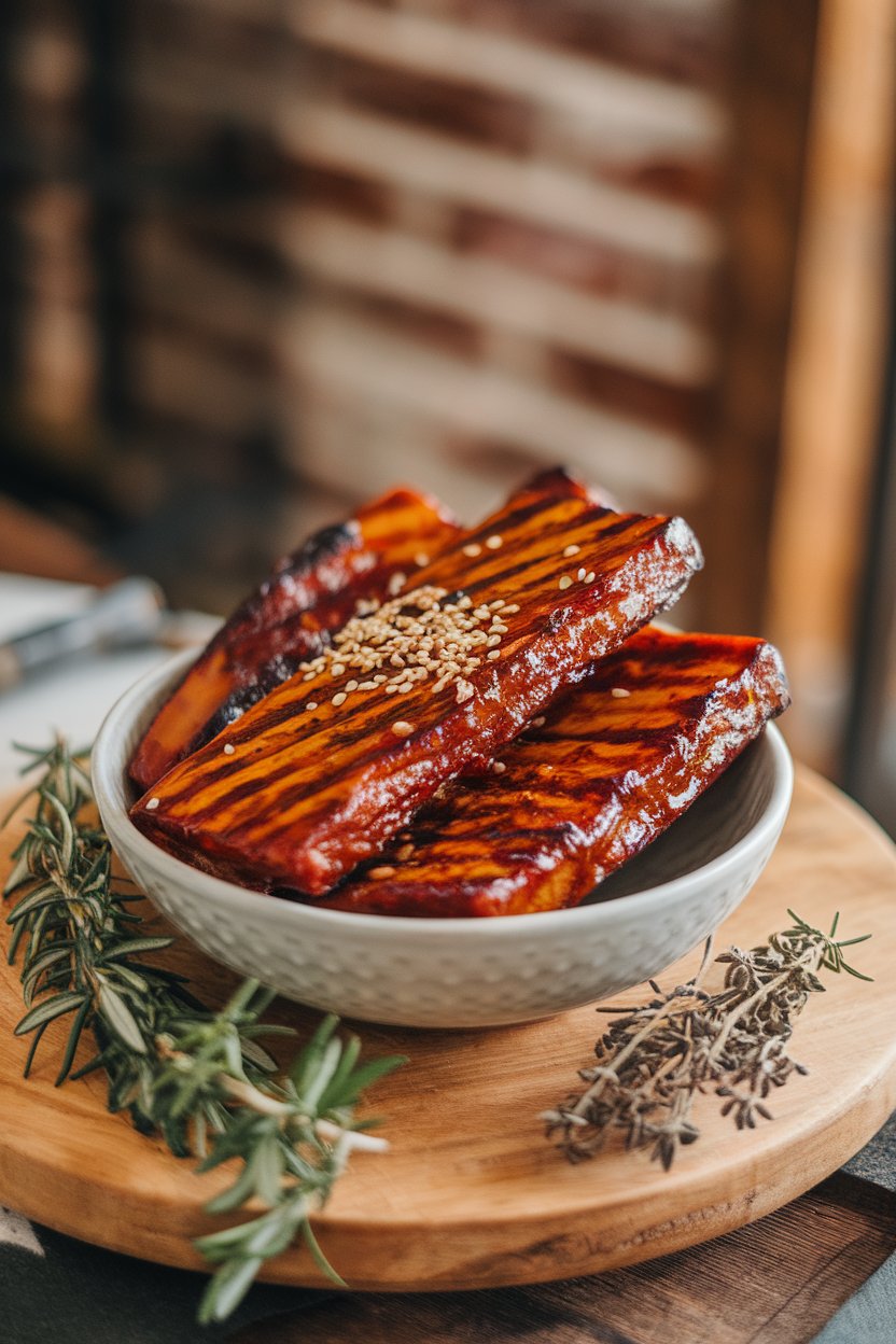 Photo prompt: Indoor platter of thick barbecue-glazed tempeh strips with visible grill marks and sesame seed garnish. No text or logos. Photo, not illustration.