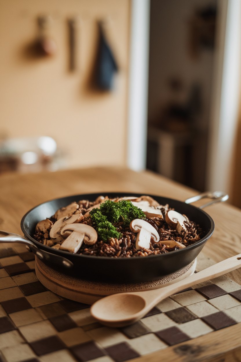 Indoor kitchen tabletop view of a skillet filled with cooked wild rice, sliced mushrooms, and parsley. No text or logos in sight.