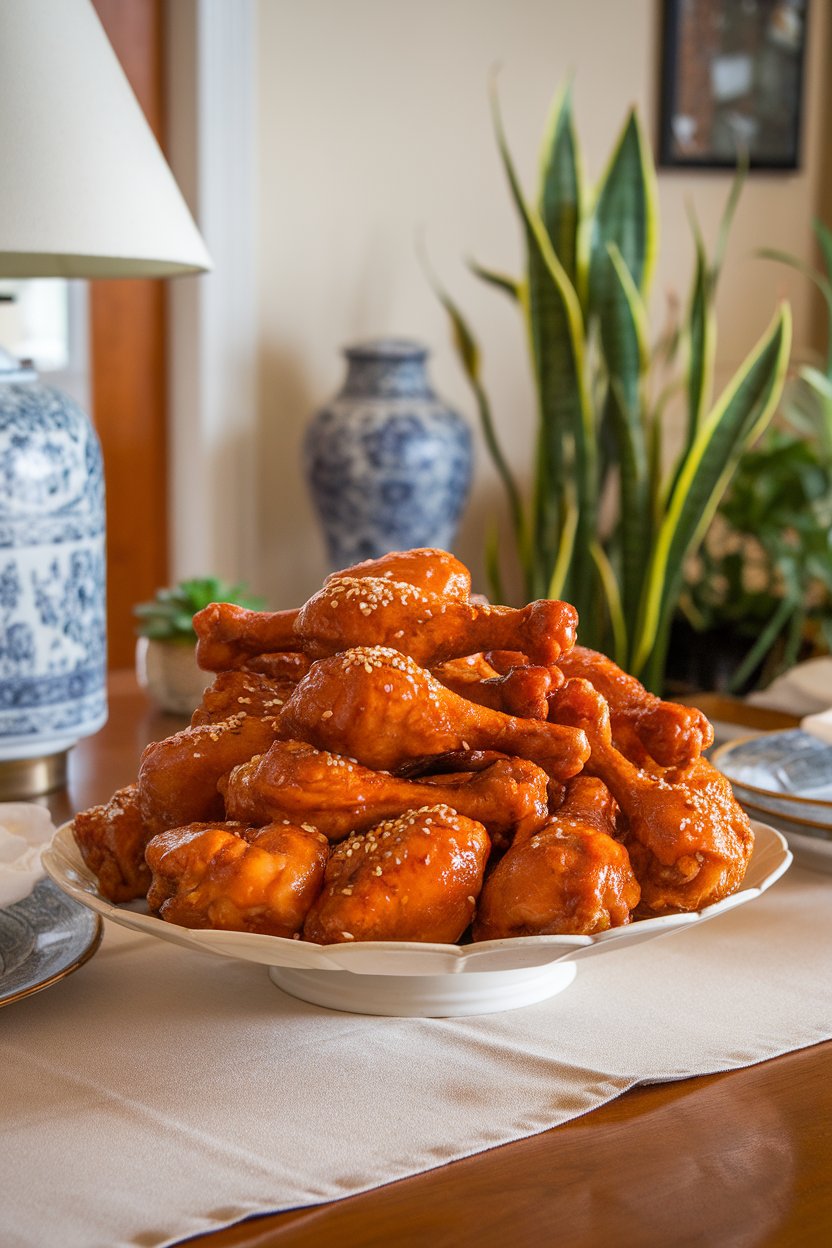 A white platter on an indoor dining table piled with glazed chicken drumsticks, sesame seeds sprinkled on top. No text or logos in the photo.