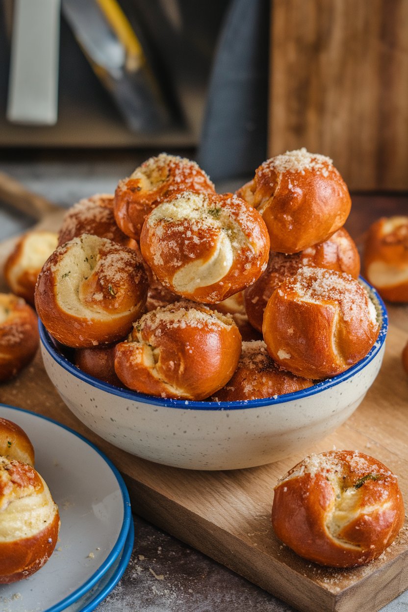 Indoor bowl of soft pretzel bites dusted with grated Parmesan and garlic butter, no text or logos