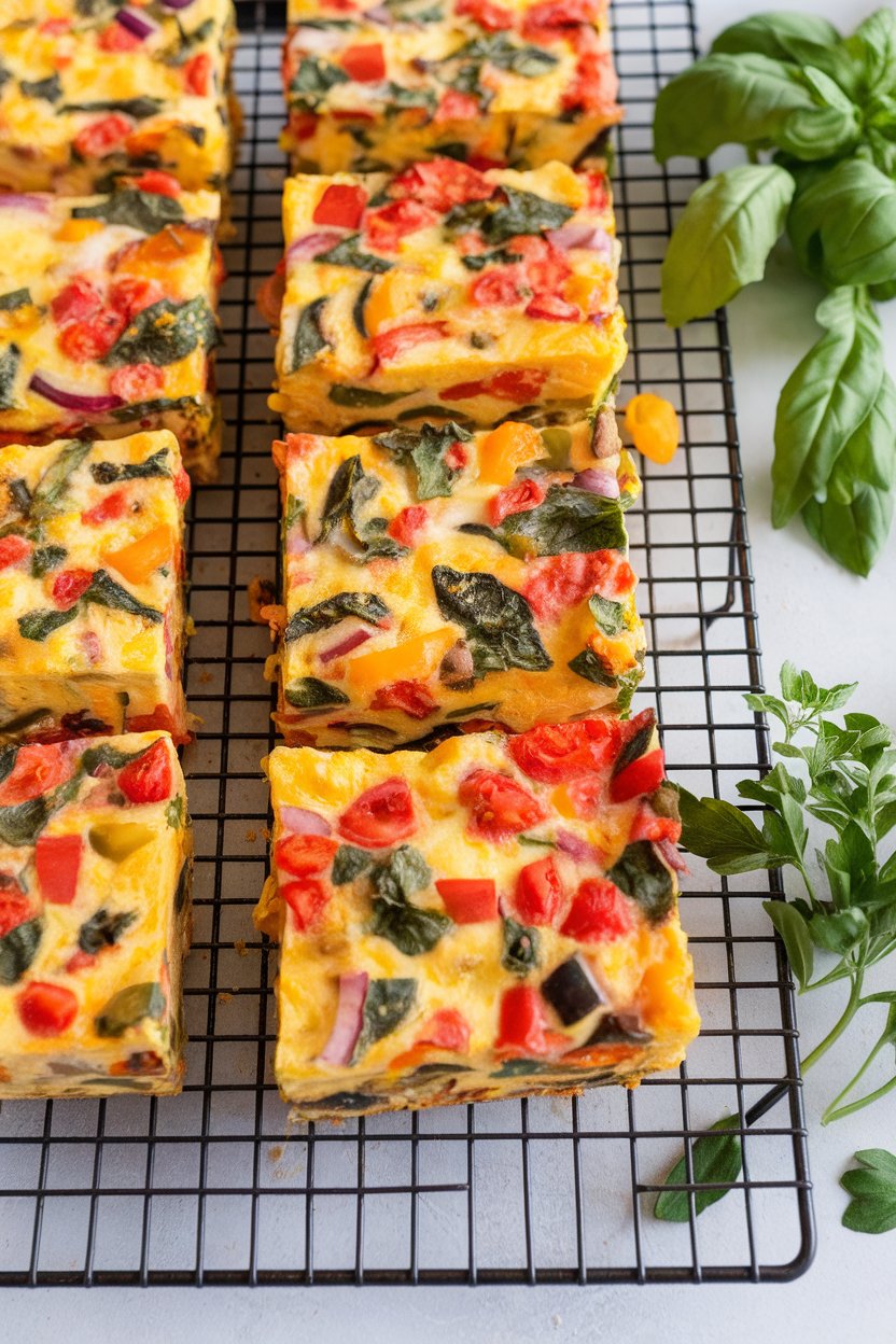 An indoor cooling rack holding square slices of colorful vegetable frittata, herbs scattered nearby. No text or logos present. Photo, not illustration.