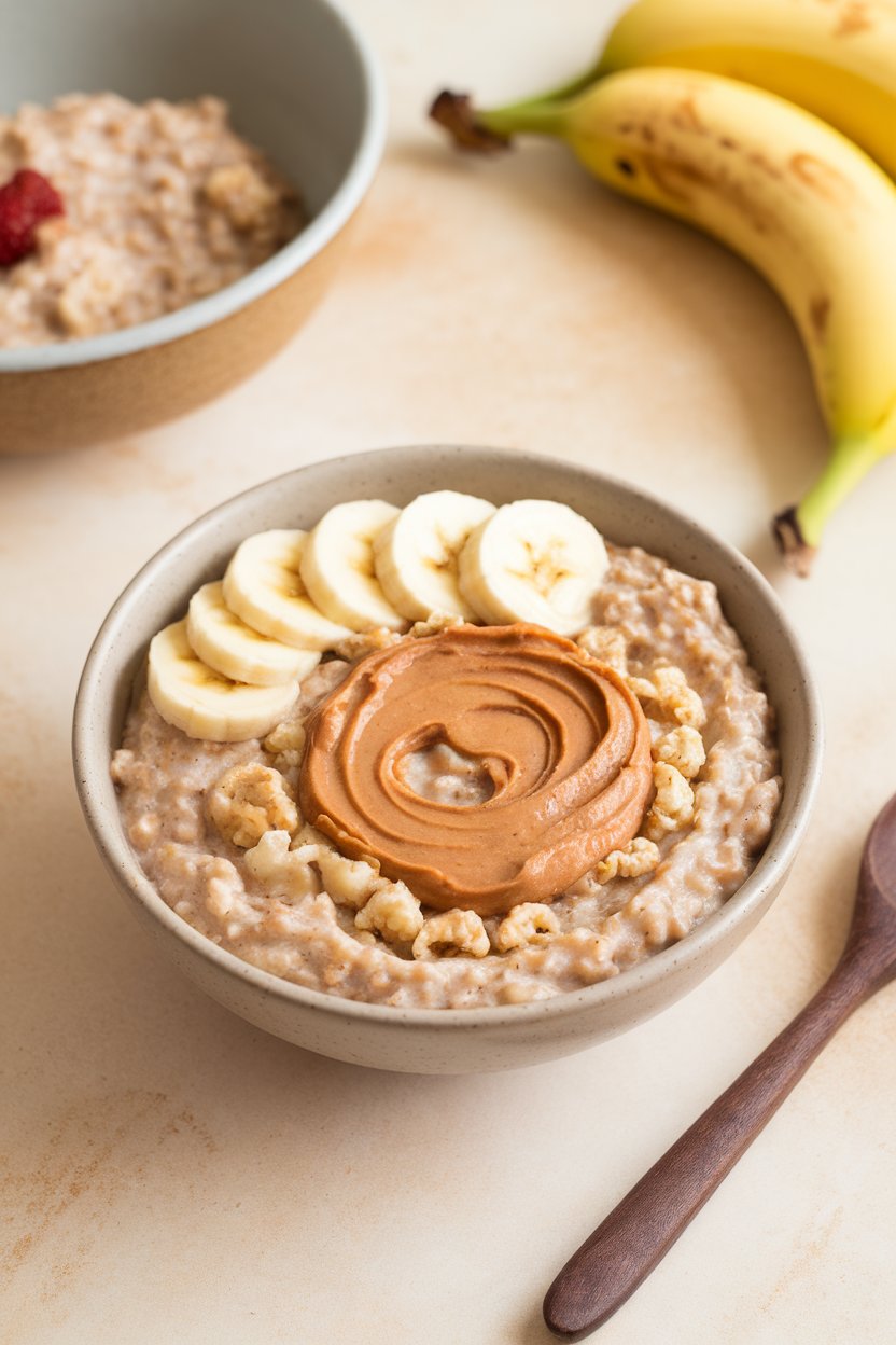 An indoor bowl of creamy oatmeal mixed with grated cauliflower, topped with almond butter swirl and sliced bananas. No text or logos. Photo, not illustration.