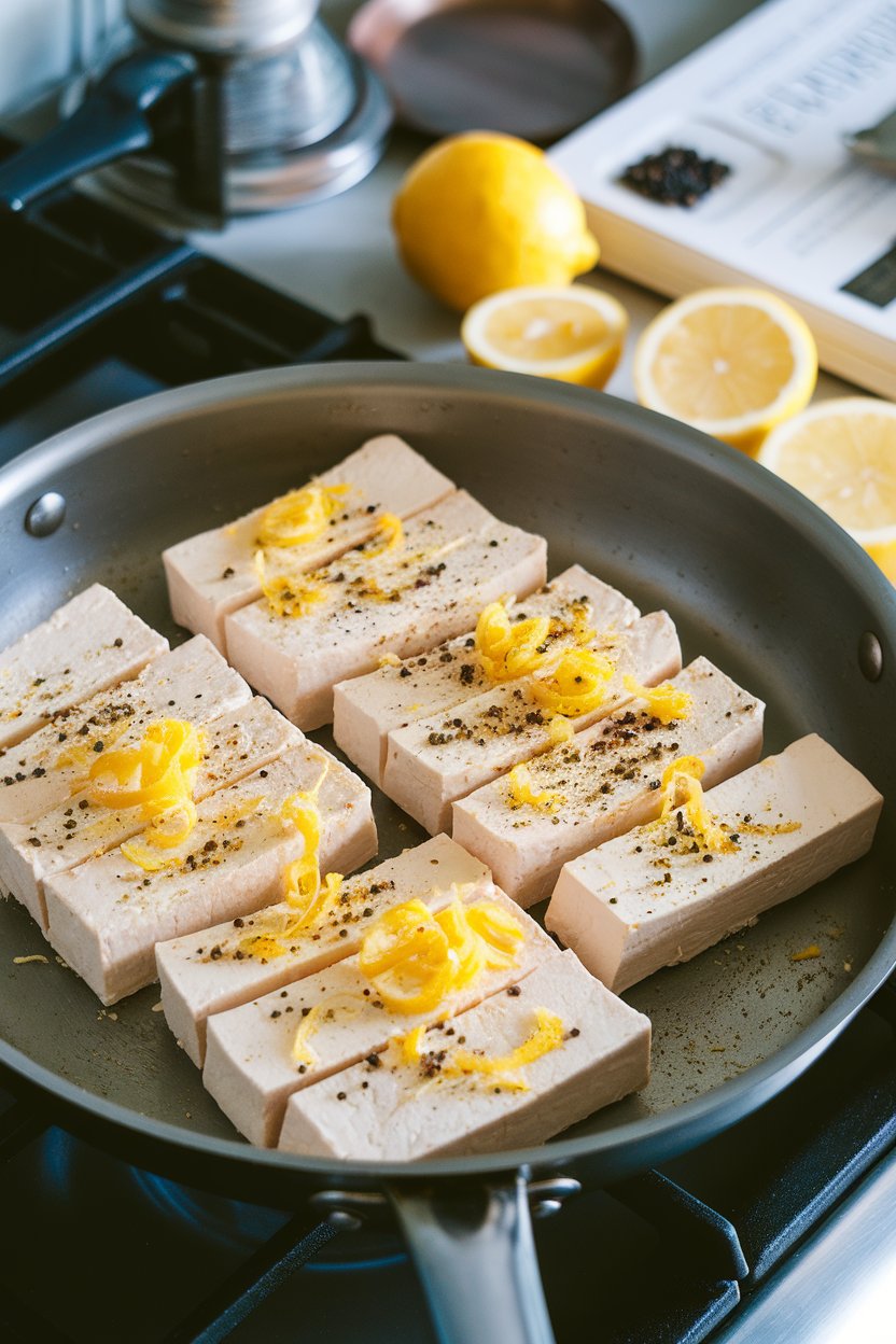 Photo prompt: Indoor stovetop scene featuring tofu slices speckled with cracked black pepper and lemon zest. No text or logos.