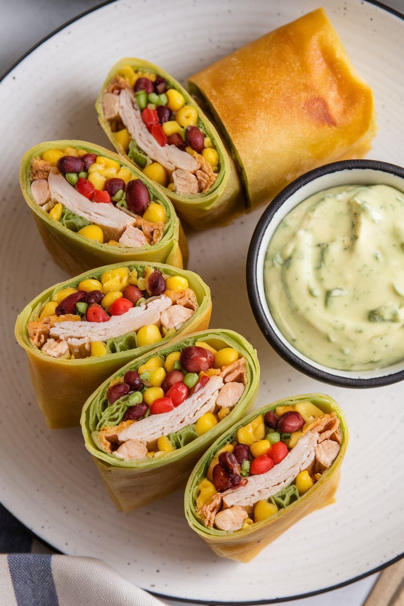 Indoor photo of sliced Southwestern egg rolls showing colorful filling of beans, corn, and chicken, avocado ranch dip nearby. No text or logos.
