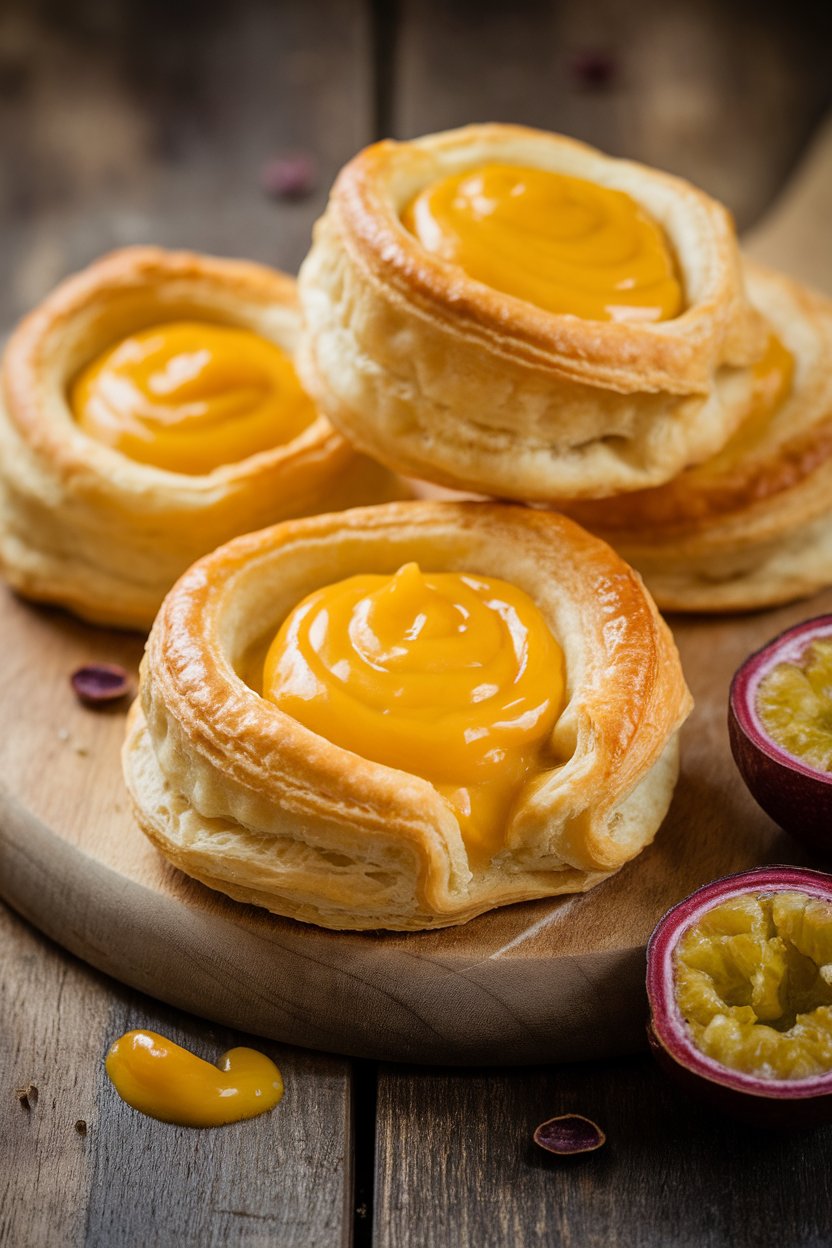 Indoor photo of flaky puff pastry danishes filled with glossy passionfruit curd, no text or logos present