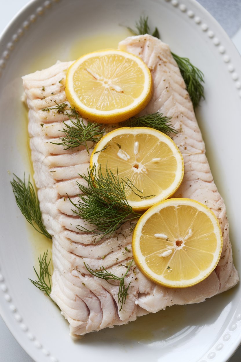 Indoor photo of halibut fillet baked with lemon slices and fresh dill, flaky texture visible, on a white plate, no text or logos