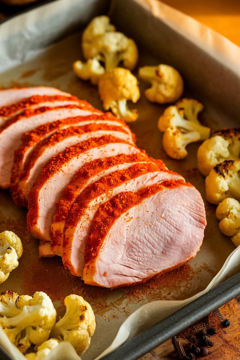 Indoor photo of turkey tenderloin slices coated in orange tandoori spices beside roasted cauliflower florets; parchment-lined pan, no text or logos