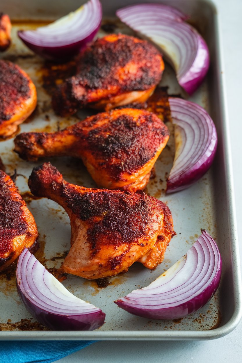 Indoor photo of deep-orange tandoori-spiced chicken pieces on a sheet pan, wedges of roasted red onion around them, yogurt marinade crust visible. No text or logos.