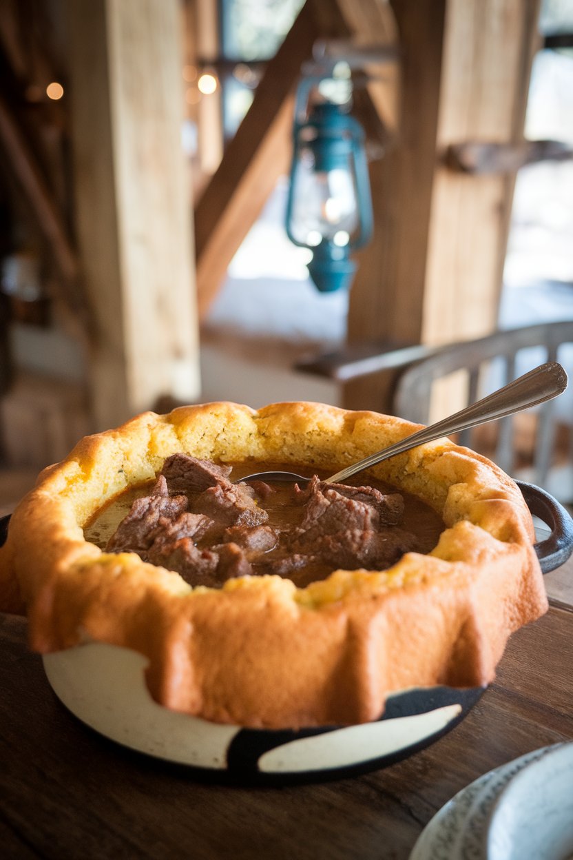 Dining table scene with a crock of beef stew baked beneath a golden jalapeño cornbread crust, a spoon breaking through. No text or logos. Photo.