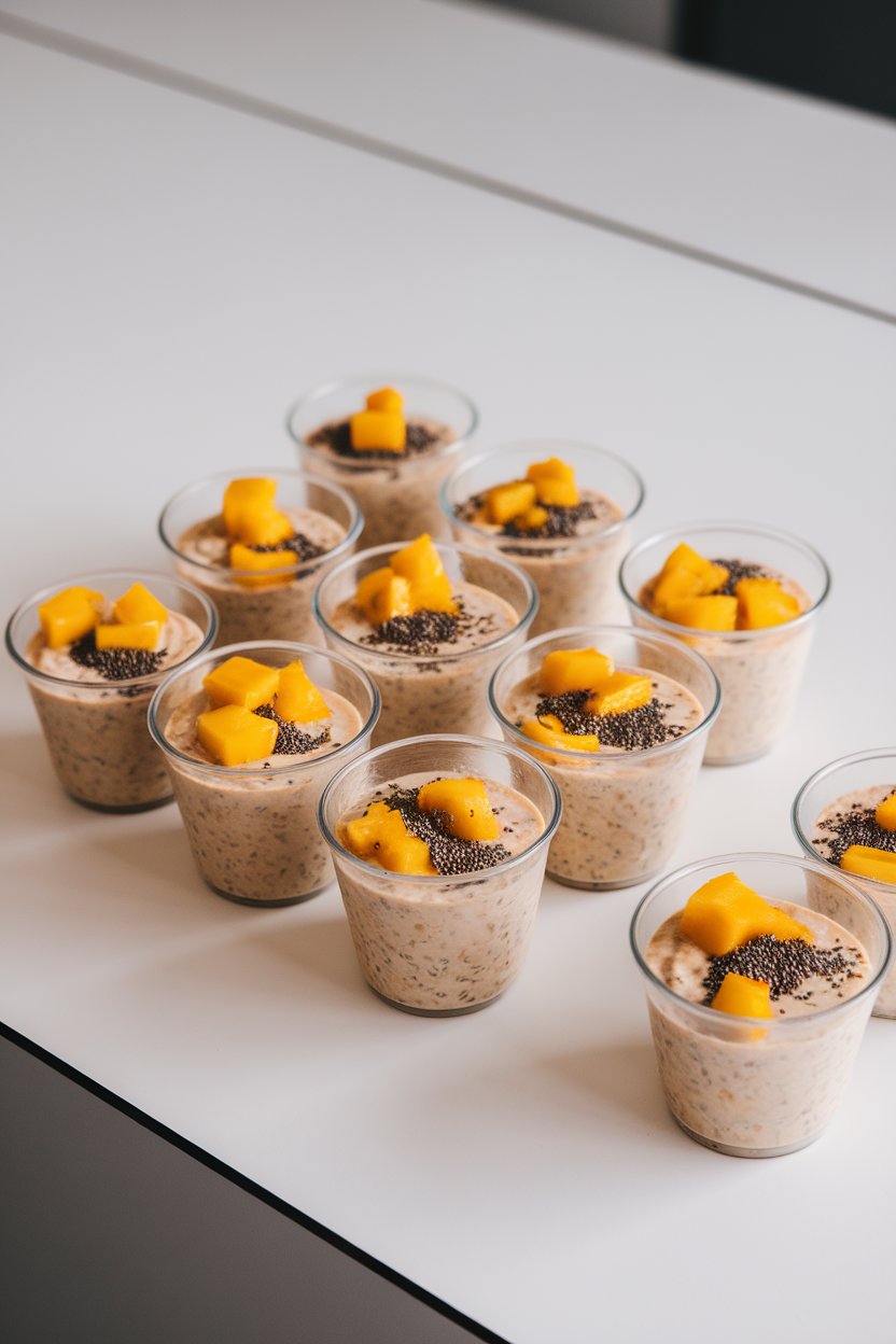 Indoor counter with frozen yogurt-style cups of creamy oats dotted with mango cubes and chia seeds, no text or logos.