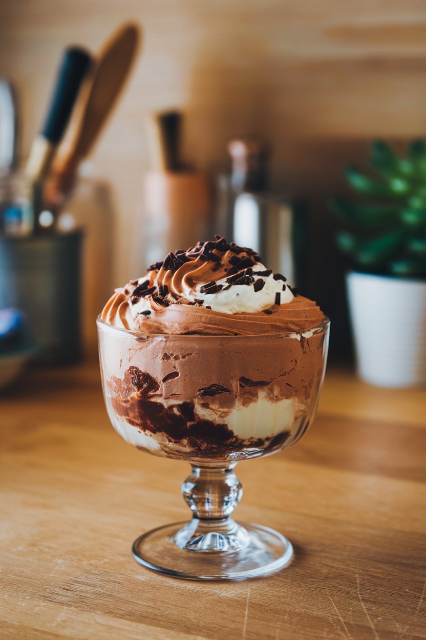 Glass dessert bowl on a kitchen table filled with silky chocolate ricotta whip, topped with micro-planed dark chocolate. Indoor evening light; no text or logos; photo only.