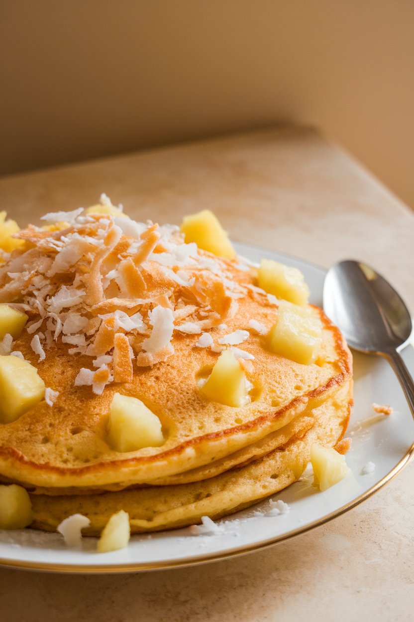 Photo of a golden pancake studded with pineapple bits and a light dusting of shredded toasted coconut, indoor lighting, no text or logos.