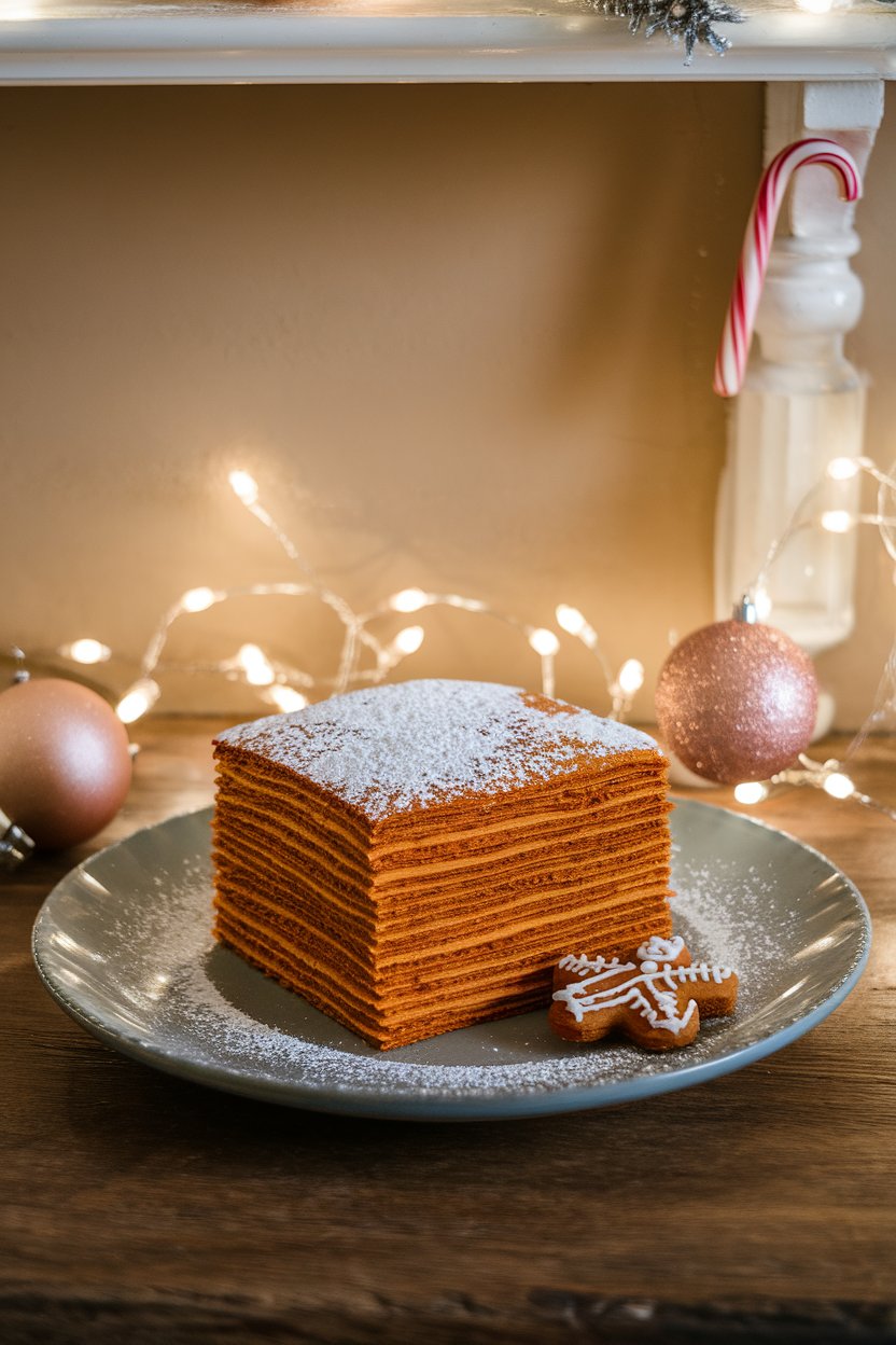 A richly colored gingerbread pancake square with a dusting of powdered sugar and a tiny gingerbread cookie beside it, indoor holiday lighting, no text or logos.