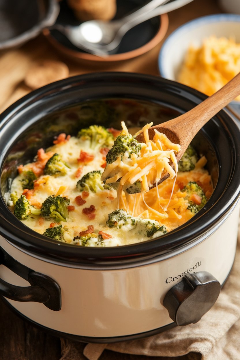 An indoor crock filled with hot broccoli bacon dip, cheese stringing from a spoon; no logos or text present.