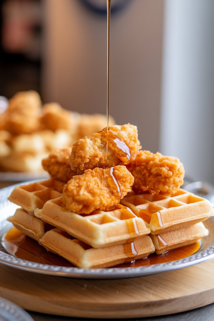 An indoor platter of quarter-size waffles topped with crispy chicken nuggets and a drizzle of maple syrup—no text or logos. Photo, not illustration.