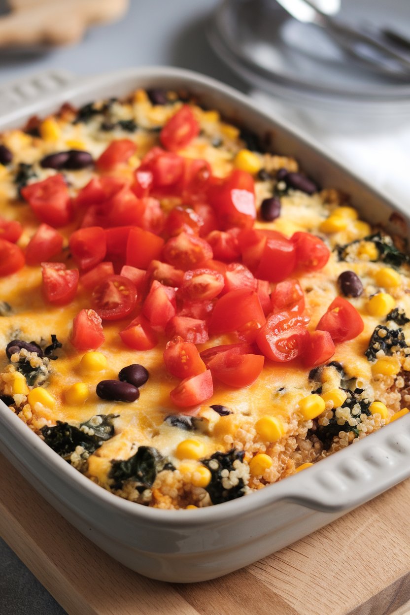 Indoor photo of quinoa, black beans, corn, and kale bound in cheese, baked in a casserole and topped with diced tomatoes. No text or logos.