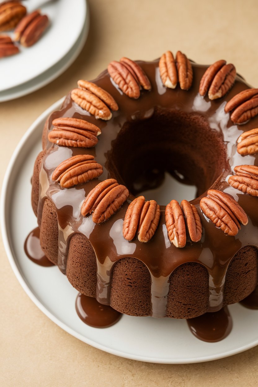 Photo indoors of a chocolate Bundt with glossy praline glaze and pecan halves; no text or logos.