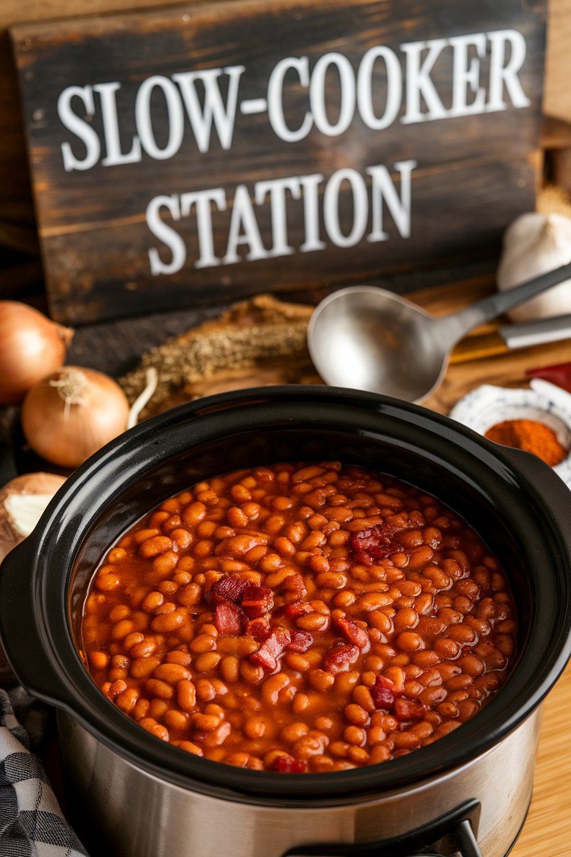 Indoor slow-cooker station featuring a pot of thick baked beans with bits of bacon visible, ladle resting nearby. No text or logos.
