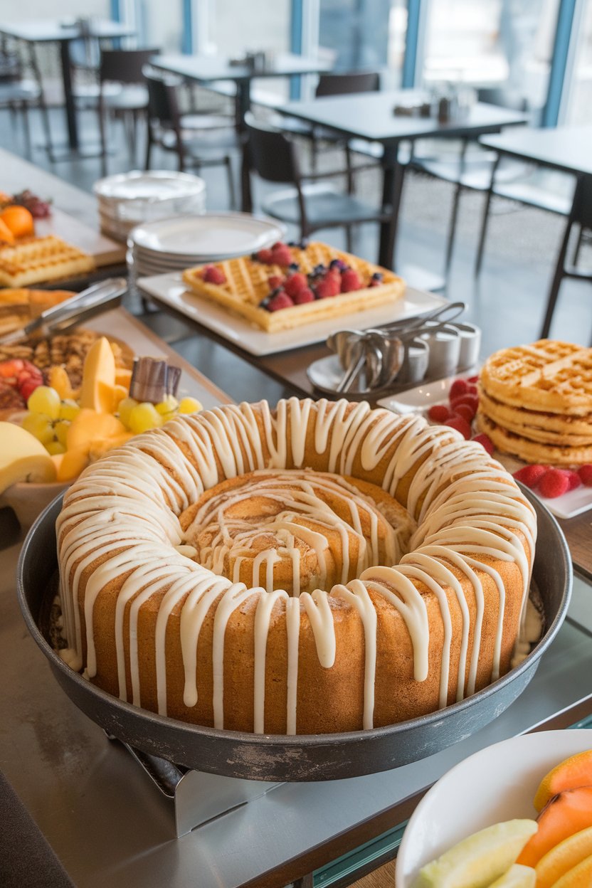 An indoor brunch buffet with a giant cinnamon-roll cake baked in a springform pan, thick cream-cheese drizzle over spirals—no text or logos.