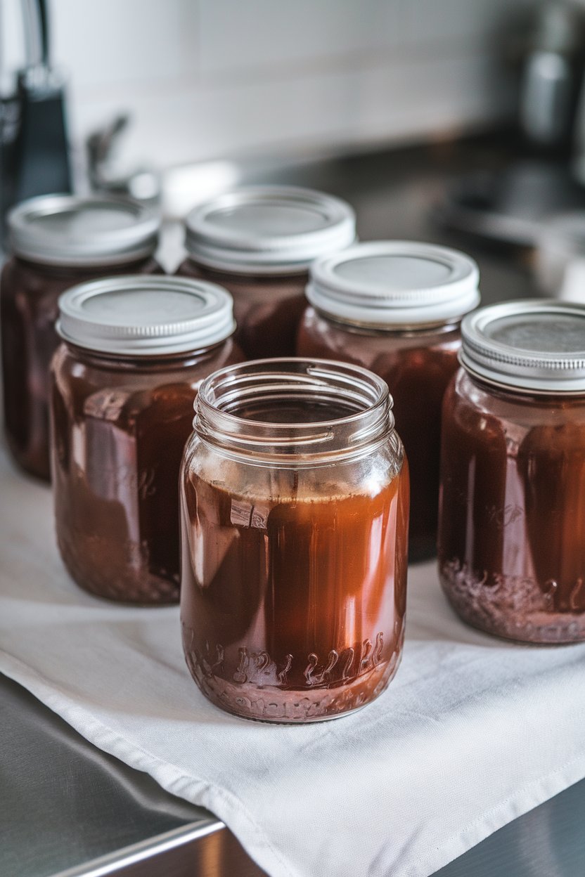 Indoor kitchen counter with jars of deep brown beef broth, slight gelatin set visible. No text or logos.
