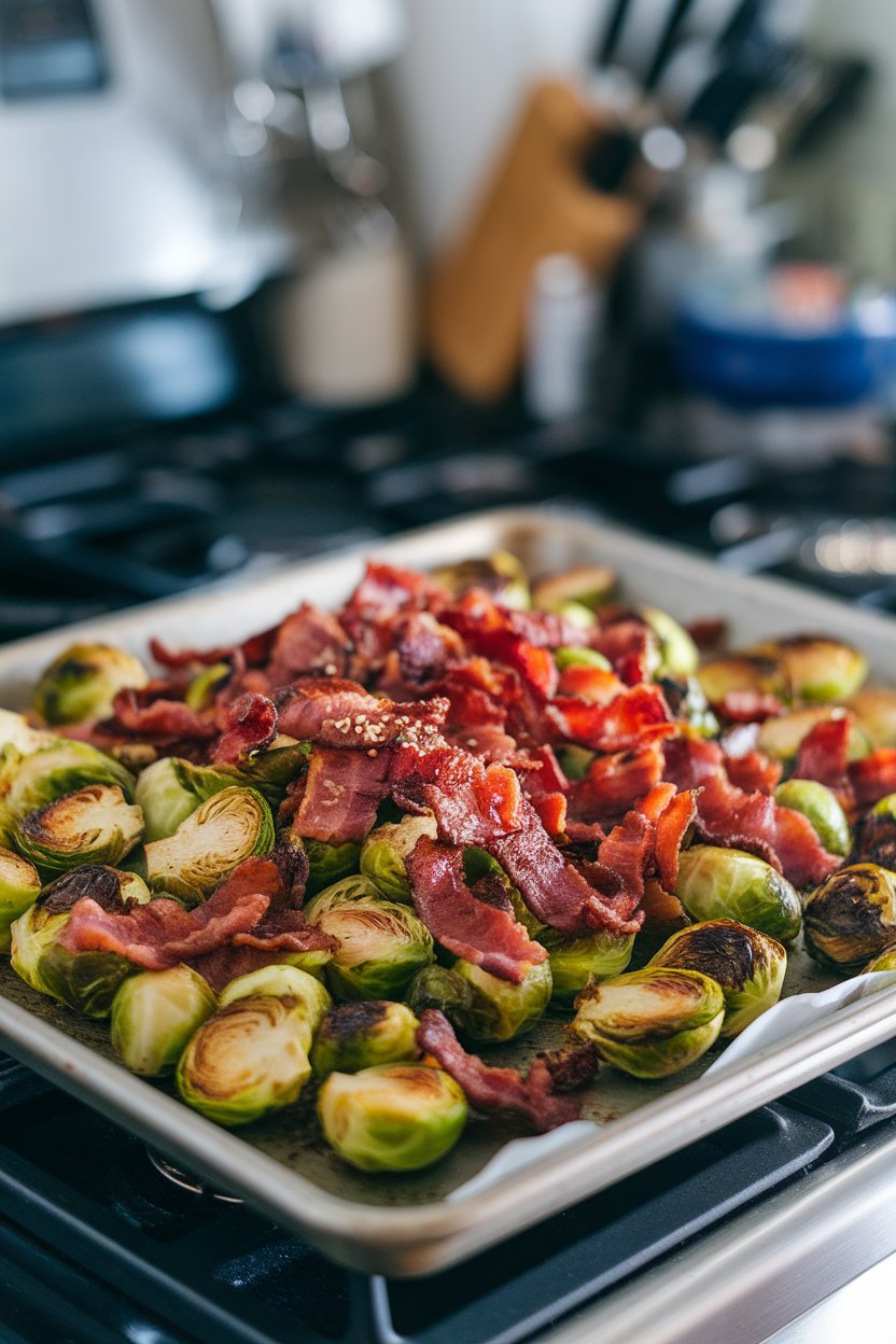Indoor baking sheet on a stovetop showing caramelized Brussels sprouts mixed with crispy bacon pieces. No text or logos.