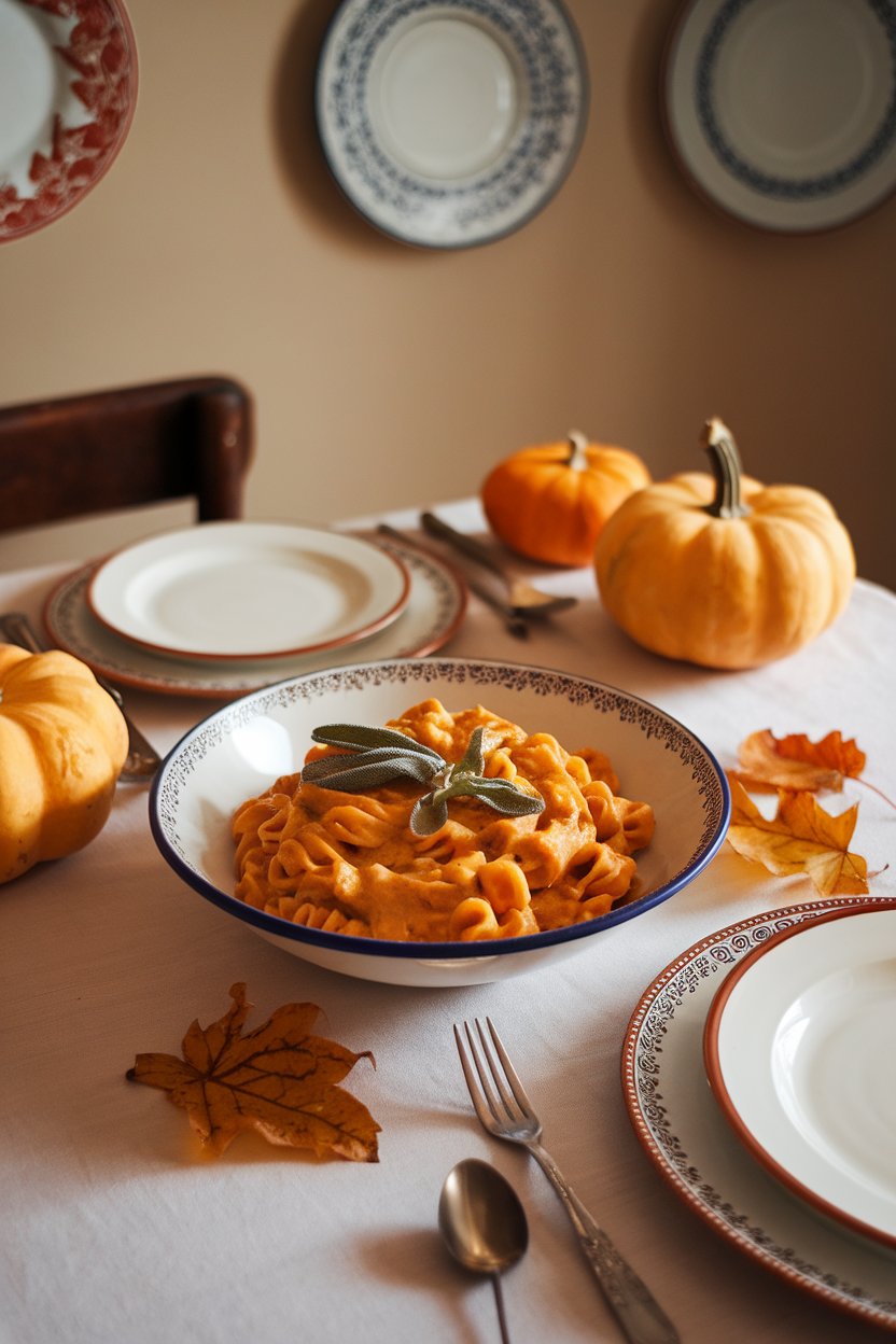 Indoor autumn table setting with a bowl of pasta cloaked in creamy pumpkin sauce, crisp sage leaves on top. No text or logos. Photo, not illustration.