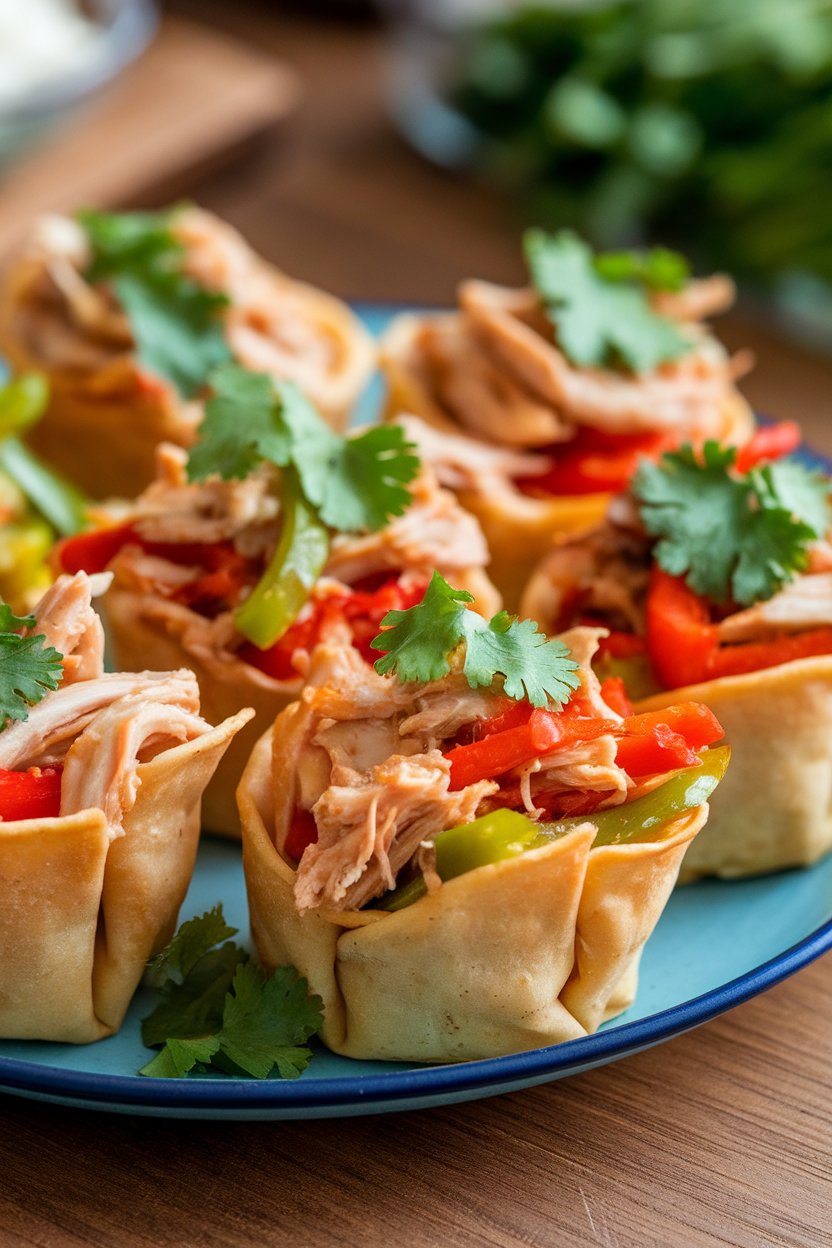 Indoor photo of baked wonton cups filled with chicken fajita mix—peppers, onions, and shredded chicken—garnished with cilantro. No text or logos.
