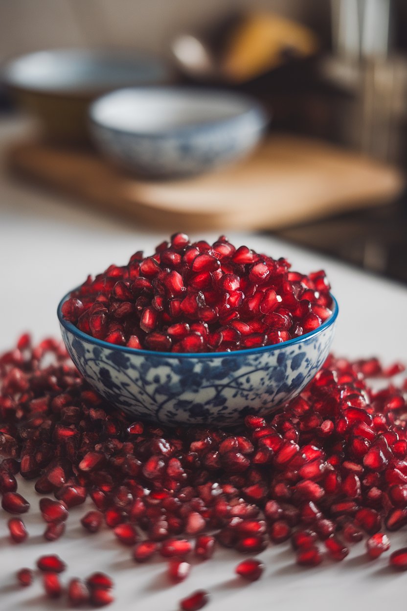 An indoor bowl brimming with jewel-red pomegranate seeds catching soft light, ready for sprinkling. Photo, no text or logos.